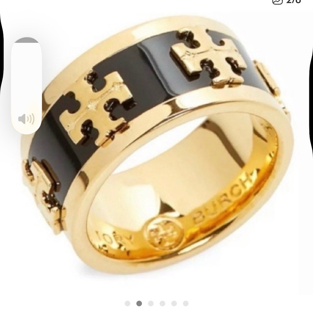 🆕 NWOT Tory Burch Authentic Wide Band Black Enamel With Gold Raised Logo Ring 7